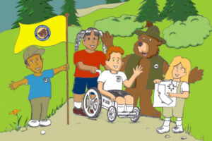 An illustration of children on a hillside, standing next to a cartoon bear dressed as a park ranger.