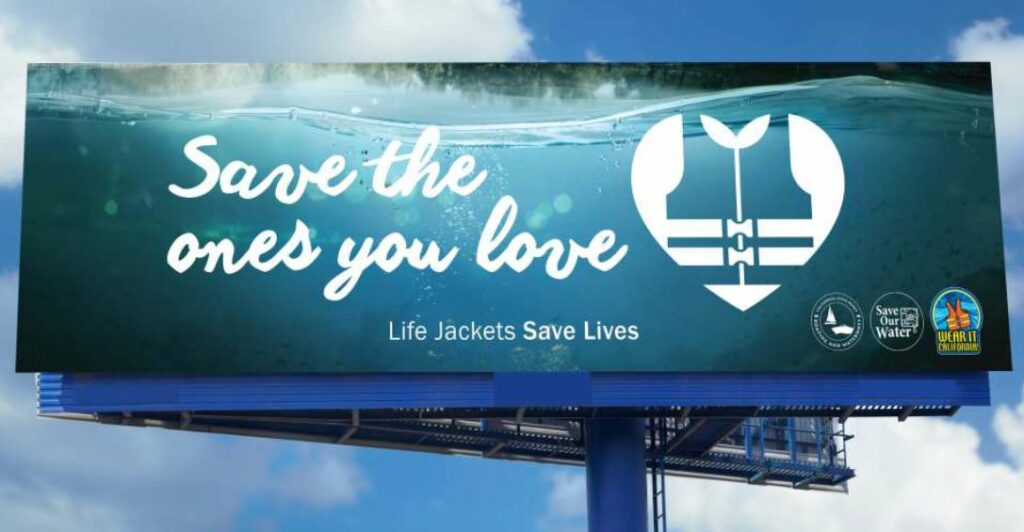 A billboard with boating safety messages