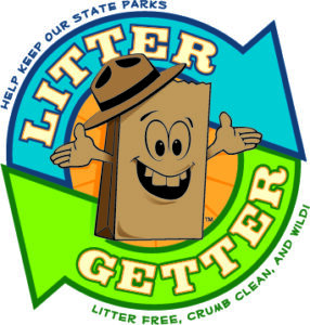 A cartoon trash bag with ranger hat and Litter Getters logo