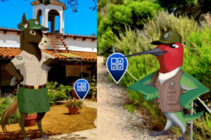 A split image: A cartoon donkey in State Parks uniform standing in Old Town San Diego SHP. A cartoon hummingbird wearing a state parks vest and hat is standing on a trail at Crystal Cove SP
