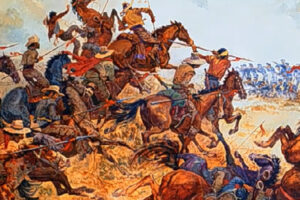 A painting depicting the Battle of San Pasqual. A line of riflemen fire at charging Californios