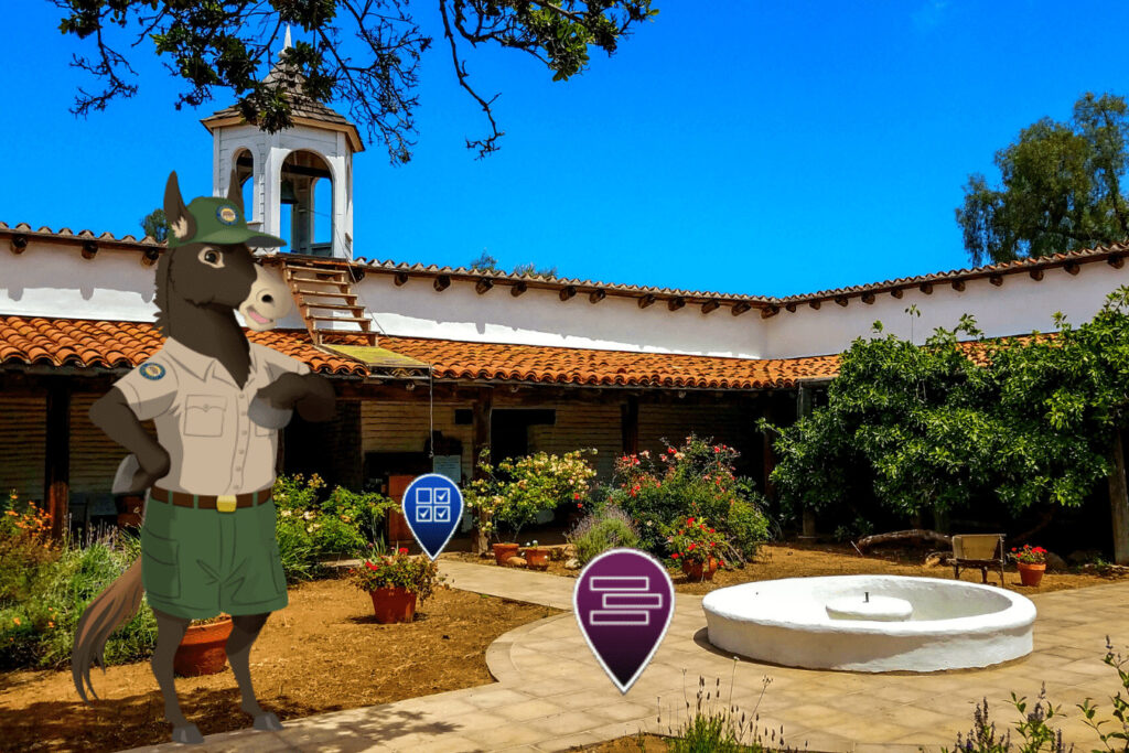 Old Town San Diego State Historic Park with an Agents of Discovery cartoon character