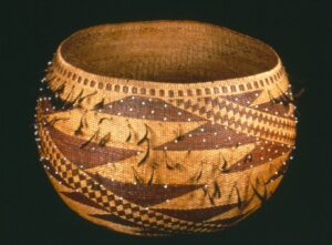 Pomo round beaded and feathered basket