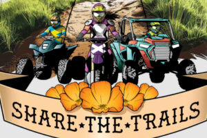 An illustration of 3 OHV riders, with a banner that says, "Share the trails"