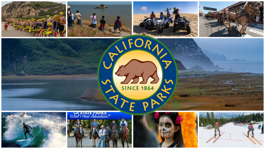 Photo collage of events at State Parks, including horses, skiing, surfing, field trips and lifeguards