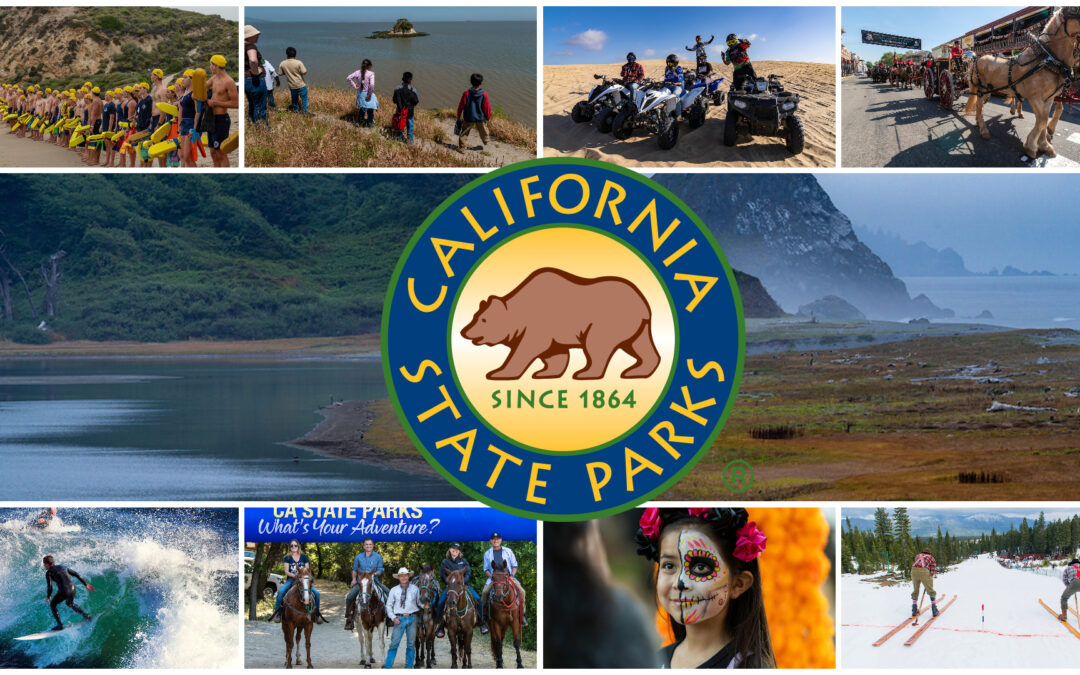 Photo collage of events at State Parks, including horses, skiing, surfing, field trips and lifeguards