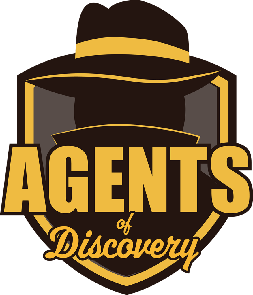 Silhouette of a spy with a hat and the Agents of Discovery logo.