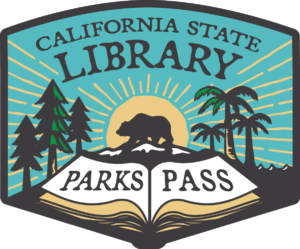 State Library words with silhouette of a bear walking between redwoods and palm trees.