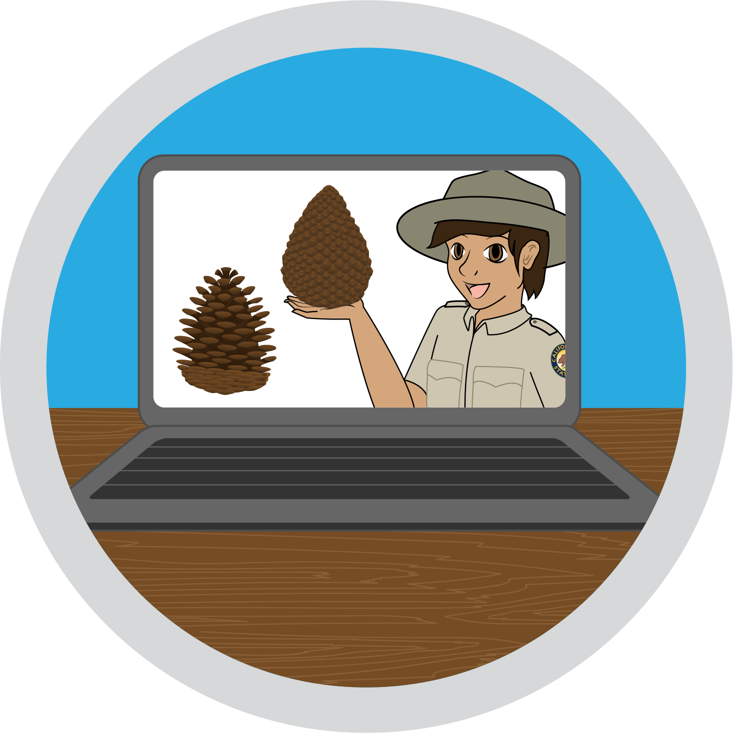 Cartoon of park ranger holding a pinecone