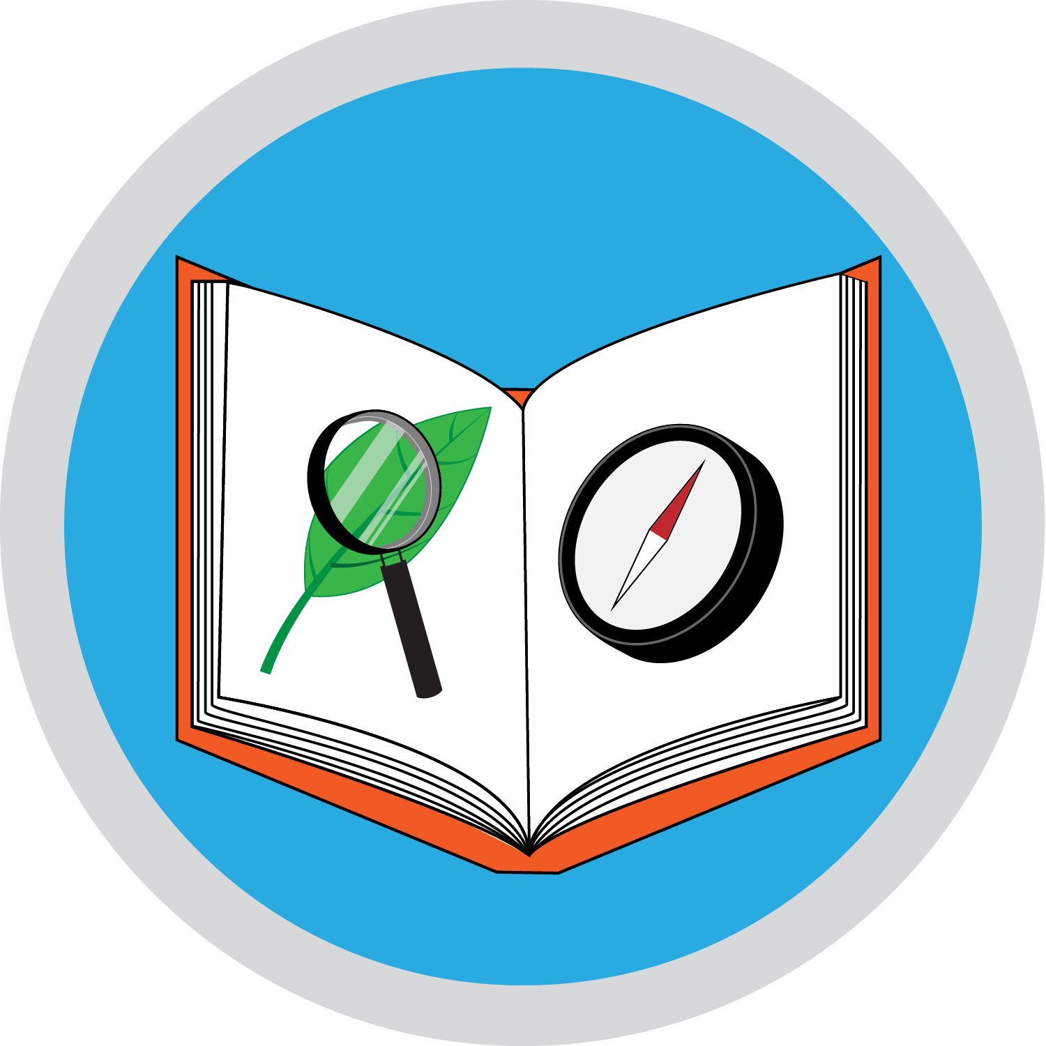 An illustration of a book with a magnifying glass on one page and a compass on the other