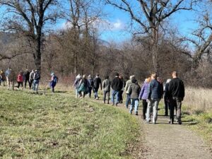 A group of hikers is walking along a trail in Anderson Marsh SHP