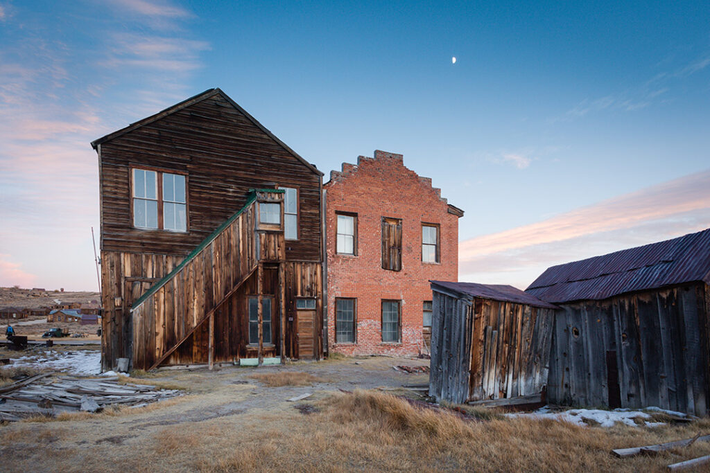Old wooden and brick structures in Bodie State Historic Park