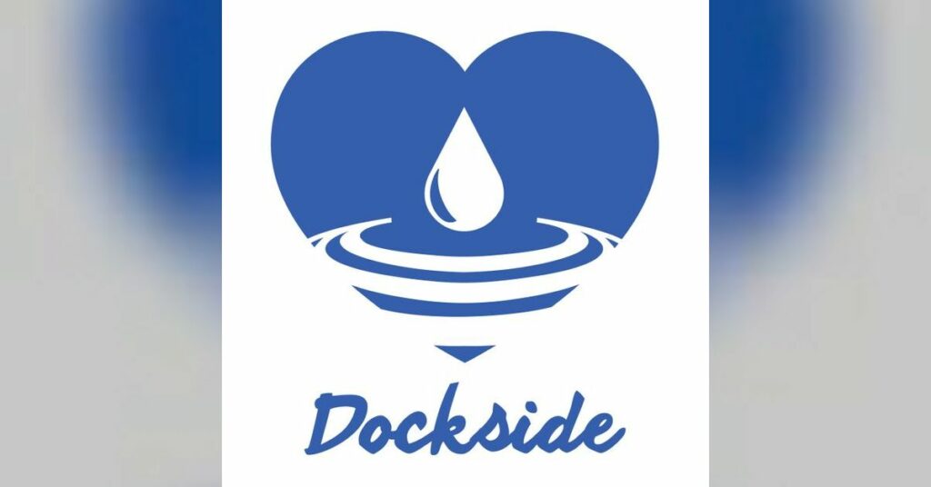Dockside Podcast Logo. A water droplet within a blue heart, with the title of the podcast underneath.