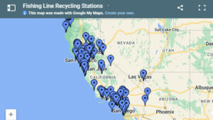 A map showing the location of fishing line recycling stations across California