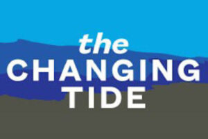 Logo for the Changing Tide newsletter. White text over a background of blues and grey