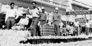 Local citizens and the Allensworth Advisory Committee entered the prize-winning “Spirit of Allensworth” float in Tulare’s annual Dairy Fiesta Parade, California Department of Parks and Recreation, News & Views, March 1971. [Fresno Bee]
