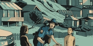 Illustration of a lifeguard talking to children on beach