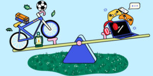 Tech/Life Balance: Helping Families Thrive in a Digital World. Movement and Outdoor Activity Family Guide. A see-saw with outdoor activities on one side, and tech gadgets on the other side.