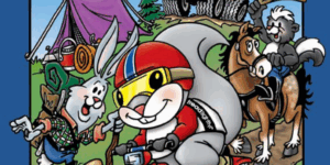 A cartoon squirrel is riding an ATV, wearing appropriate safety gear.
