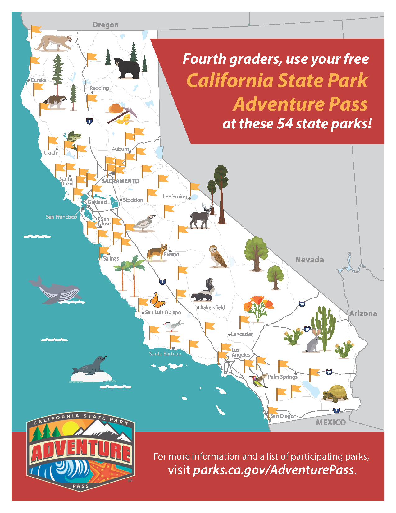An illustrated map of California, with small yellow flags showing the location of State Parks that accept the California State Parks Adventure Pass.
