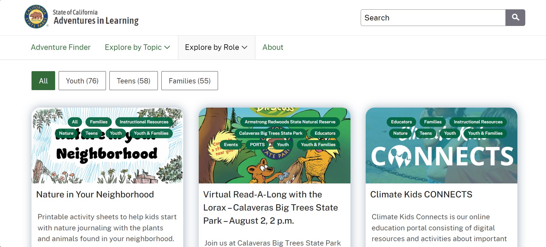 AiL_Preview_Grids Screenshot of the California State Parks "Adventures in Learning" website.