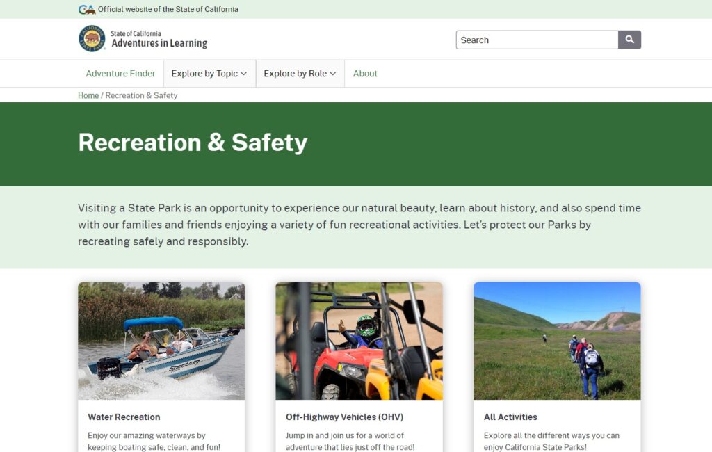 Screenshot of the new California State Parks "Adventures in Learning" website.
