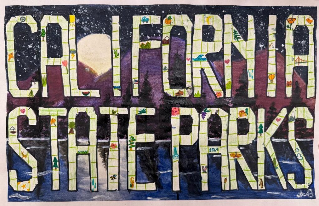 Painting of moonlit alpine lake superimposed with the words,