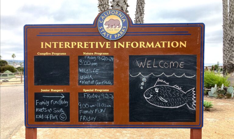 Photograph of a bulletin board at San Elijo State Beach titled "Interpretive Information" with hand-written program dates and details and a cartoon of a fish saying, "welcome" all written in chalk
