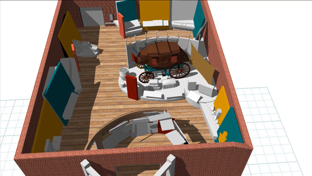 Overview 3D rendering image of the interpretive exhibits within the Visitor Center at Marshall Gold Discovery SHP