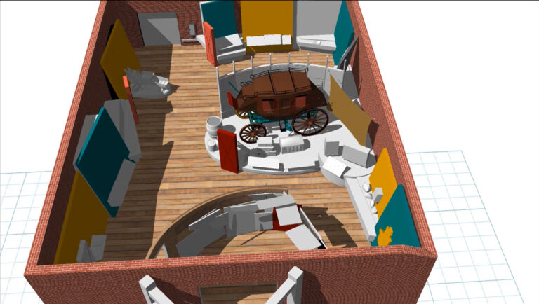Overview 3D rendering image of the interpretive exhibits within the Visitor Center at Marshall Gold Discovery SHP