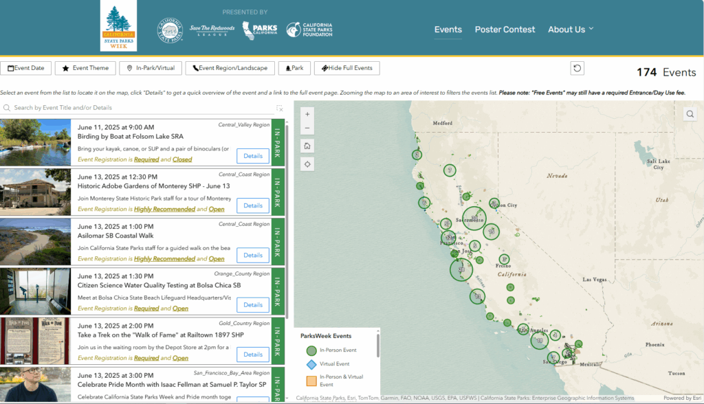 Screenshot of the California State Parks Website showing a map of events statewide on the right with an accompanying sidebar to the left with various event descriptions and details.