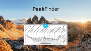 Photograph of a mountain with a smaller labeled topographical profile of the same mountains superimposed over it, along with the text, "PeakFinder"