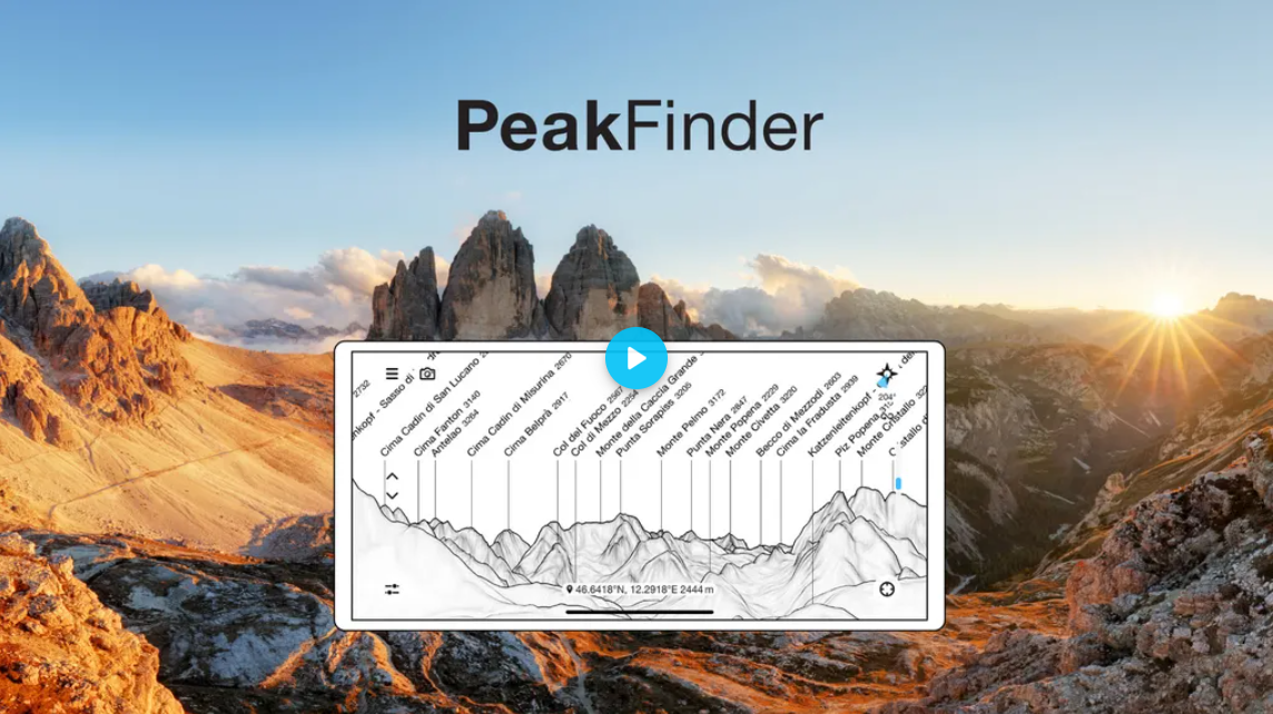 PeakFinder app Screenshot 2025-05-02 Photograph of a mountain with a smaller labeled topographical profile of the same mountains superimposed over it, along with the text, "PeakFinder"