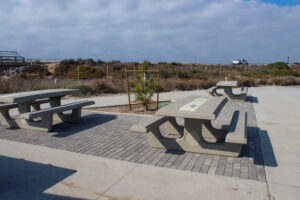 A picnic area of Torrey Pines State Natural Reserve. Three concrete picnic tables with informative panels inserted directly into the table top.