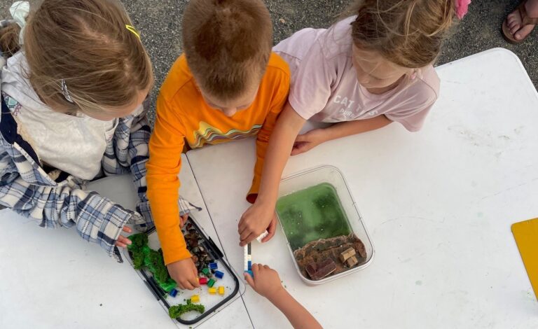 Children are participating in an activity about sea level rise