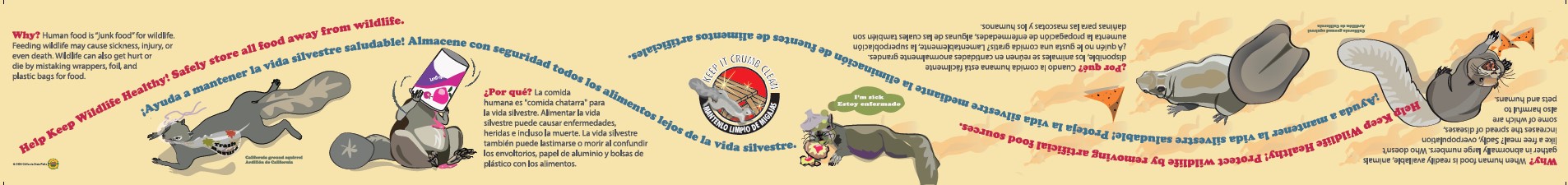 Table Runner 2 low res An informative table runner with the text "Help Keep Wildlife Healthy! Safely store all food away from wildlife". An illustration depicts squirrels eating and getting stuck in trash.