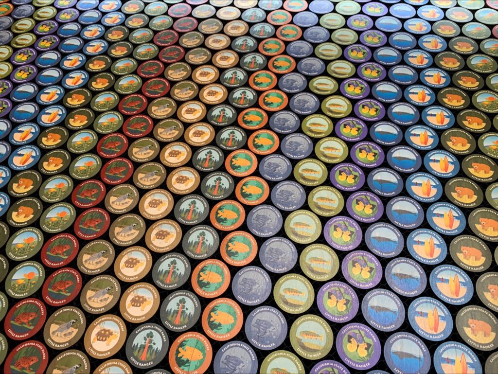Photograph of a large number of round wooden stickers evenly spaced across a flat surface, each featuring one of a small number of colorful designs.