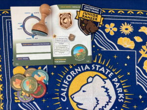 Photograph showing a number of program materials related to the California State Parks Junior Rangers Program arranged on a desk, including: logbook, logbook stam, wooden badge, colorful wooden stickers, patch, and bandana.