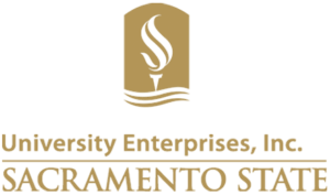 Logo featuring a simplified torch reading "University Enterprises, Inc. SACRAMENTO STATE"