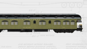 A photo of the Georgia Northern railcar with a backdrop of a schematic of the railcar