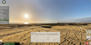 A virtual tour view of Oceano Dunes SVRA shows sandy terrain with vehicle tracks, the Pacific Ocean in the background, and a glowing sunset over the horizon.