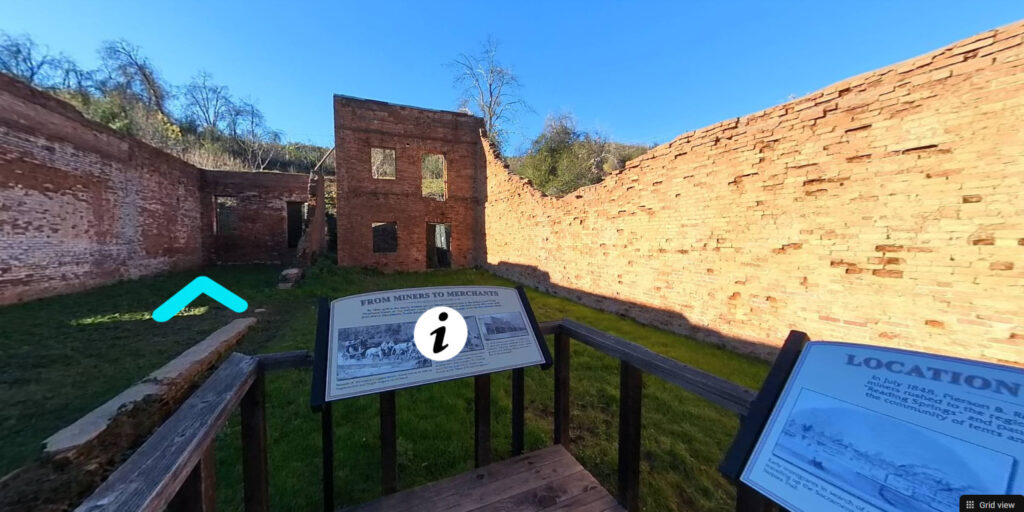 A virtual tour of the Southside Ruins at Shasta State Historic Park shows the remains of brick walls with interpretive signs titled "From Miners to Merchants" and "Location" providing historical context.
