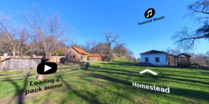 A virtual tour scene of William B. Ide Adobe State Historic Park shows historic wooden and adobe buildings with interactive labels for "Loading a pack animal," "Homestead," and "Featured Music."