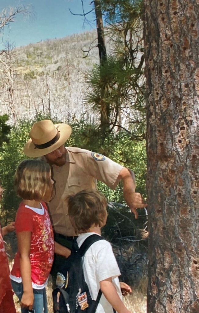 Photograph taken outdoors depicting a California State Park Interpreter pointing at the bark of a tree while two youth look on nearby.