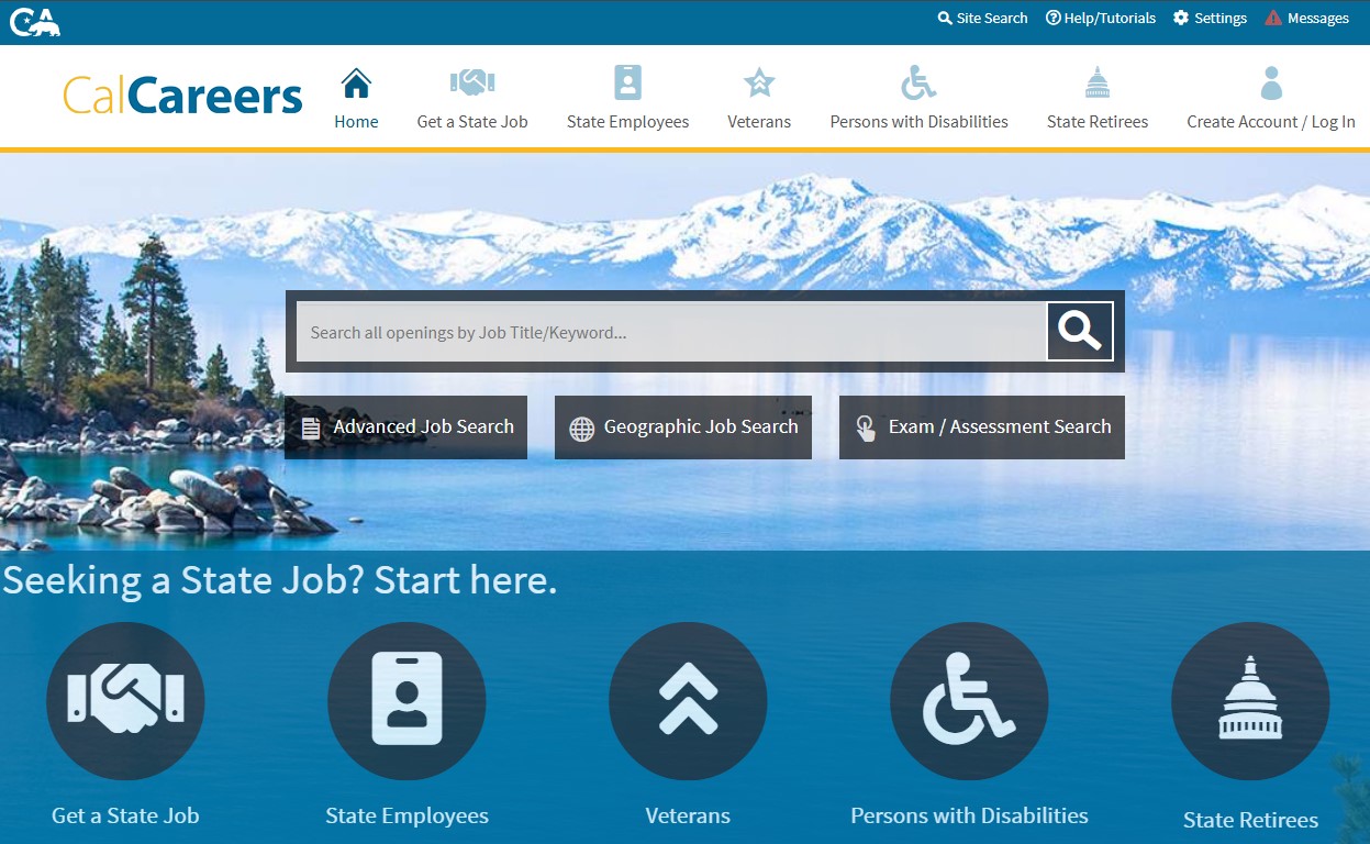 CalCareers Photo Screenshot of the homepage of calcareers.ca.gov.