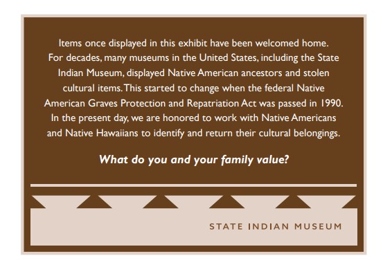 Graphic of a museum placard featuring colors and a design reminiscent of Native Californian basketry; the text reads 