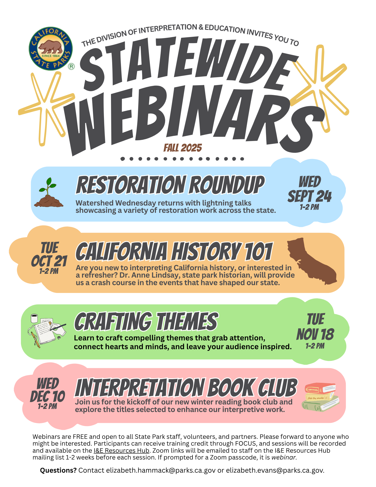 Flyer detailing information regarding four upcoming Statewide Webinars offered on Zoom by the Interpretation and Education Division