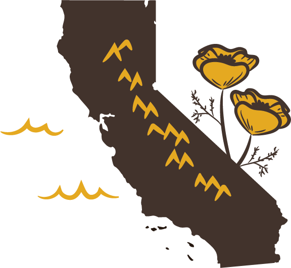 Illustration of the state of Calfiornia with stylized waves, mountains, and poppies.