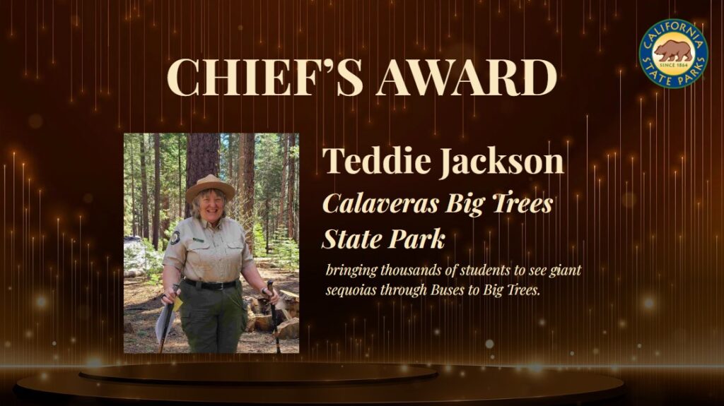 Graphic title card featuring a decorative background evocative of a televised award show stage, the logo for California State Parks, and the text 