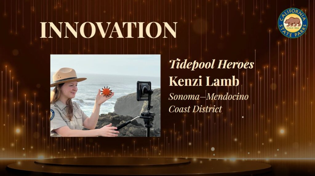 Graphic title card featuring a decorative background evocative of a televised award show stage, the logo for California State Parks, and the text 